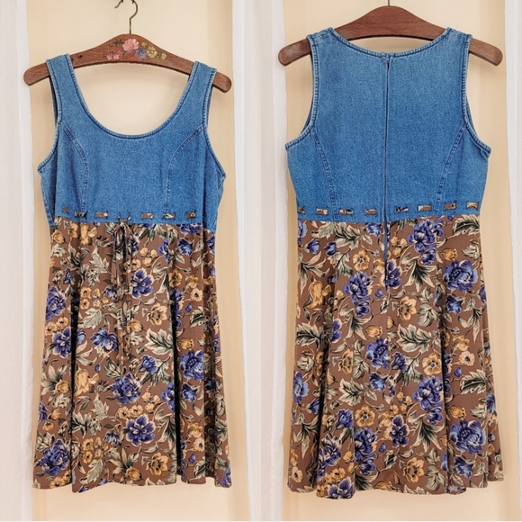 90s Denim Floral Tie Waist Scoop Neck 1990s Vintage Mini Dress - Picture 2 of 15